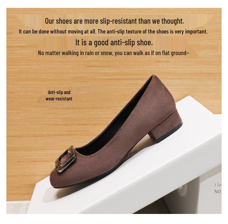 2026 Spring/Summer Suede Chunky Heel Pumps with Square Toe & Rhinestone Buckle