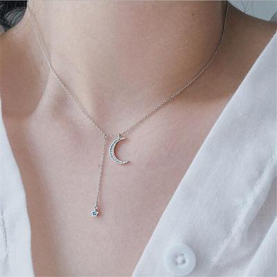 New Beautiful Moon And Star Five -Pointed 925 Sterling Silver Jewelry Personality Crystal Exquisite Gift Women Necklaces H531