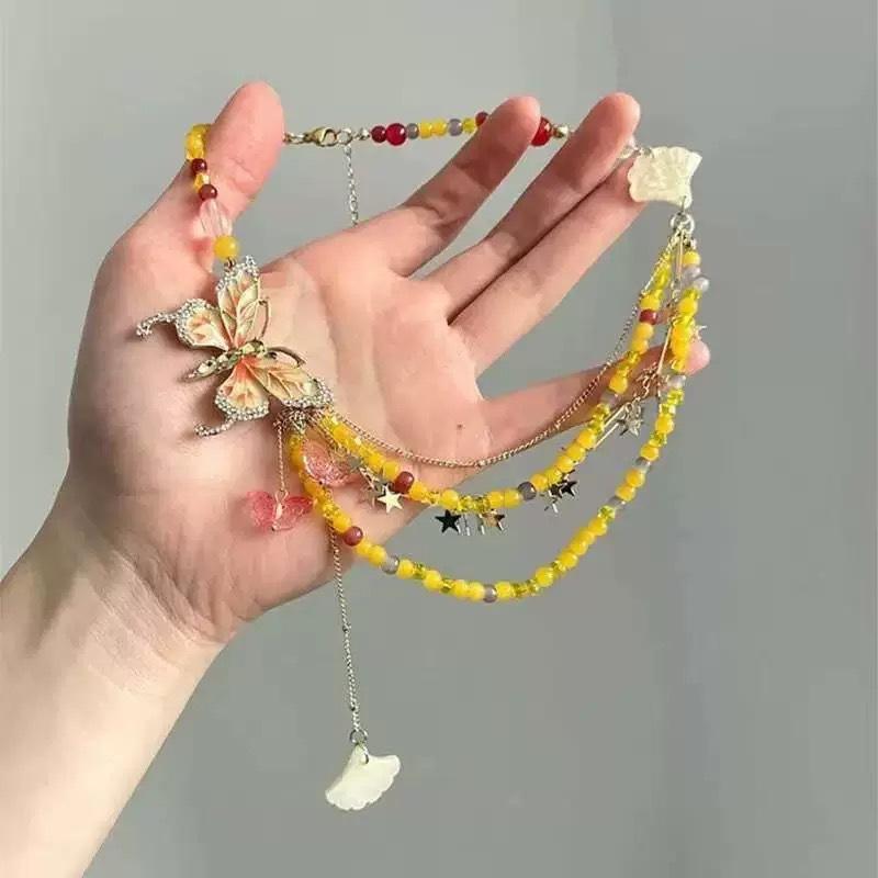 Diamond Dripping Oil Butterfly Beaded Pendant Necklace Fashionable Small Fresh Versatile Collarbone Chain Sweet Temperament Niche Jewelry