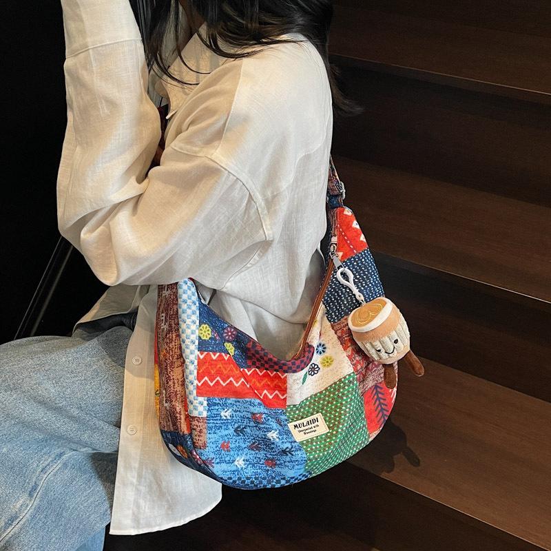 Niche Shoulder Bag Retro Contrasting Color Ethnic Style Summer Nylon Bag Crossbody Canvas Bag Women
