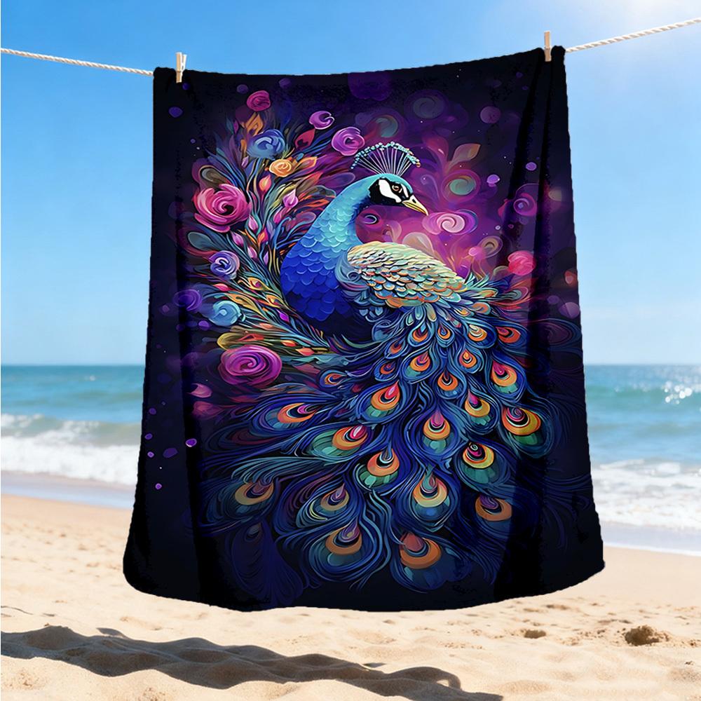 1pc Peacock Feather Print Outdoor Blanket, Lightweight Polyester,