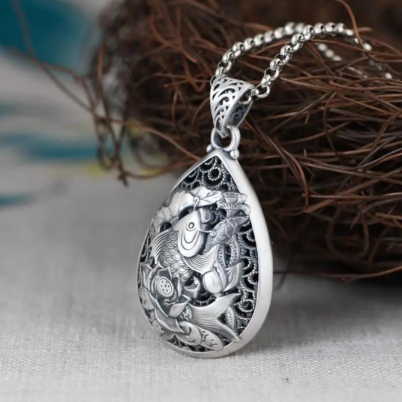 Classic New In Vintage   National Style Engraved Lotus Flower Droplet Drop Pendant Necklace Keel Chain Charm Jewelry