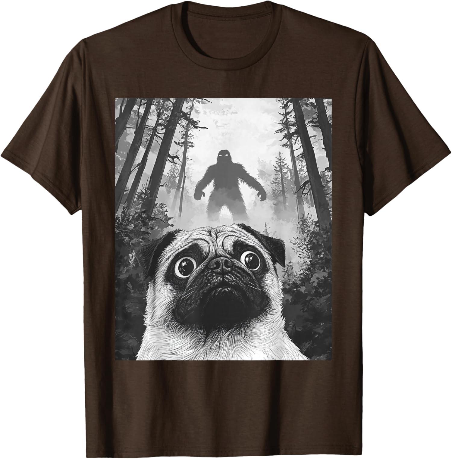 Dog Pug Selfie With Bigfoot Sasquatch Funny Pug Unisex T-Shirt S