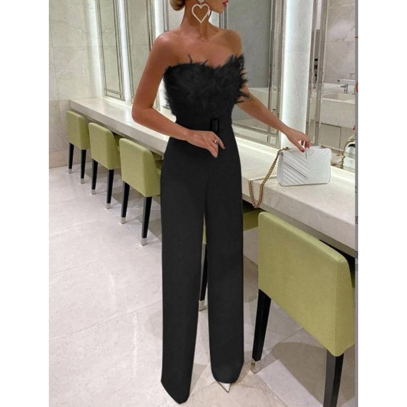 

Evening European and American Feather Sexy Jumpsuit Tube Top Black S
