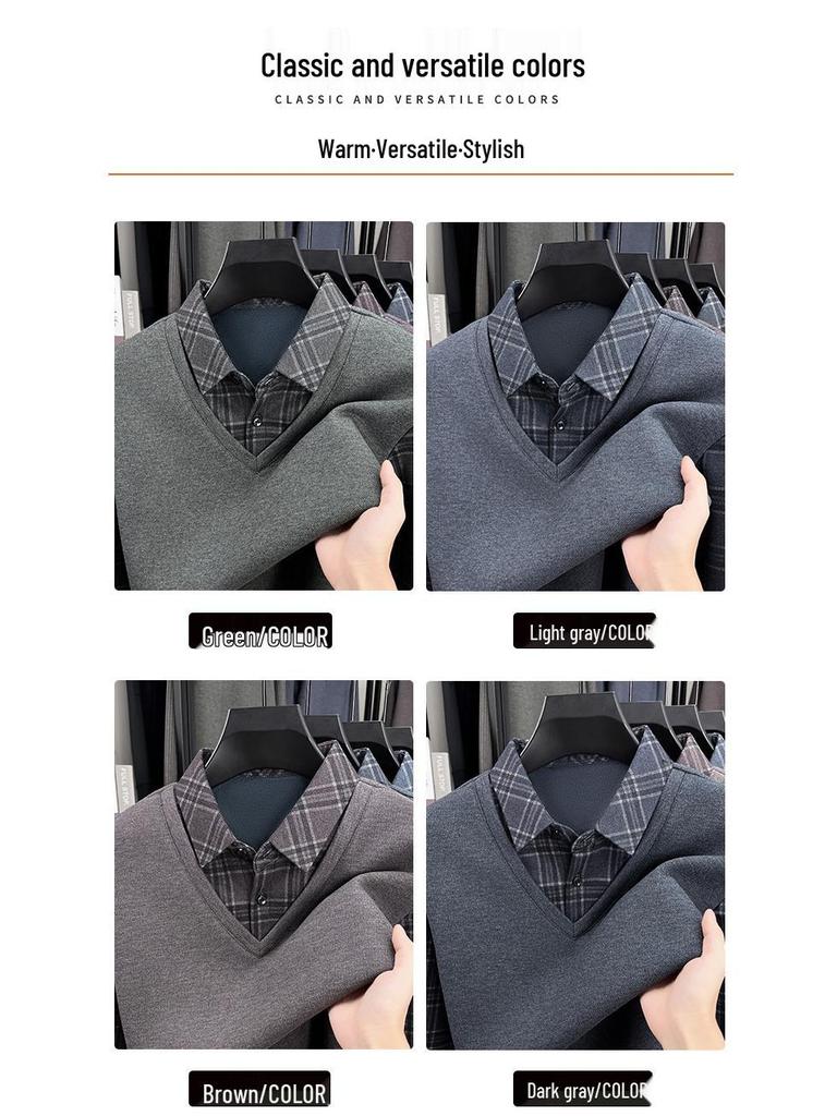 Men's Winter Knit Shirt with Velvet Thickened Layer and Collar