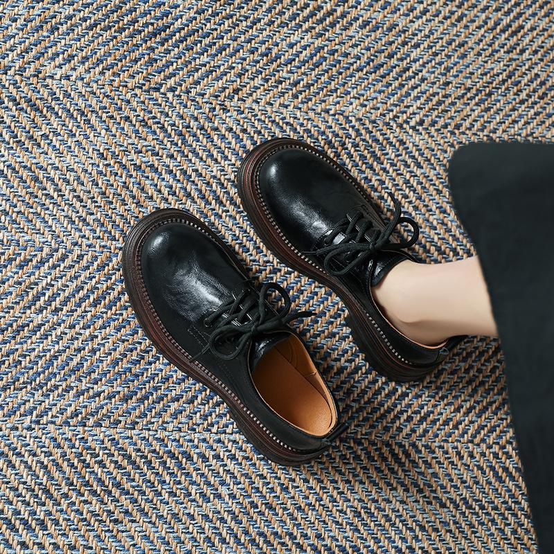 Femei În Primăvară și Vară Pantofi Noi cu Șireturi din Piele cu Talpă Groasă pentru Femei în Stil Britanic Retro, cu Vârf Rotund și Toc Gros, Mocasini pentru Femei