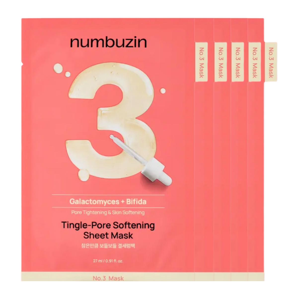 numbuzin No.3 Tingle-Pore Softening Sheet Mask Hydrating Smoothing 27ml 5pcs