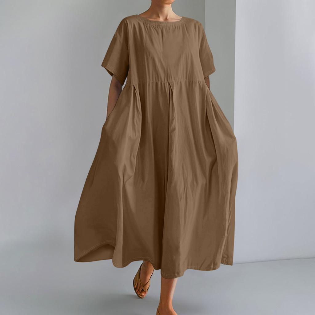 Women's  Color Fashionable Casual Cotton And Linen Loose Round Neck Short Sleeved Dress