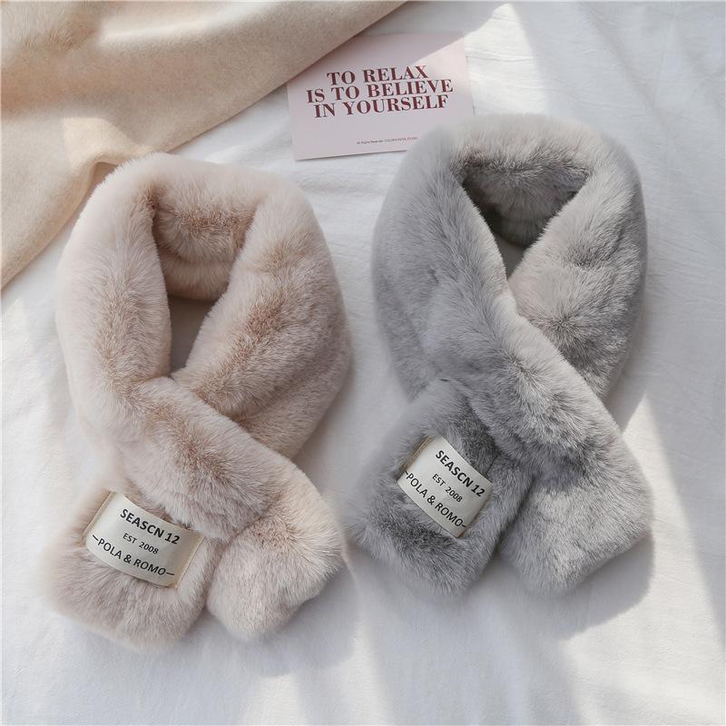 Soft Furry Scarf Korean Style Label Japanese Autumn and Winter Ins Plush Girl Scarf Imitation Rex Rabbit Fur Thickened Cross