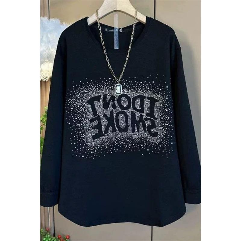 Fashion Solid color Hot Diamond Round Neck Base Shirt Spring Autumn T-shirt for Women