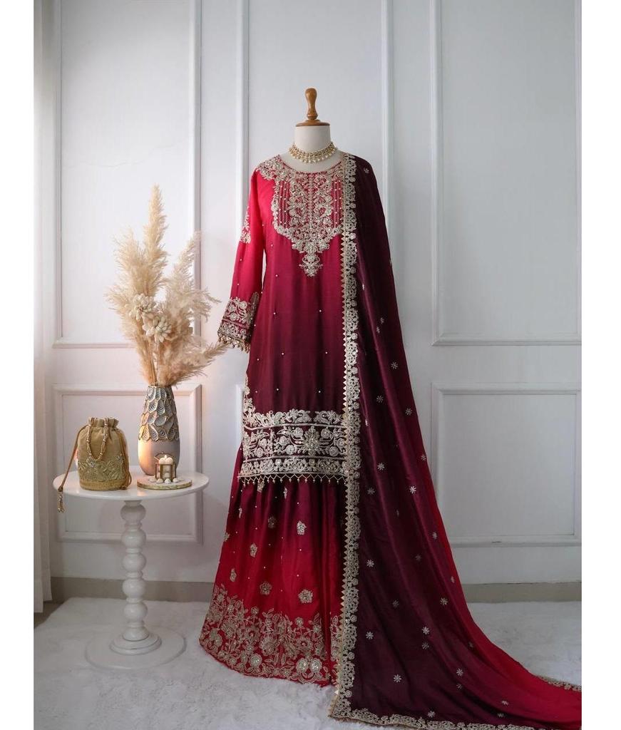 Indian Pakistani Salwar Kameez Bollywood Party Wear Sharara Salwar Suit Chinon Silk Dress