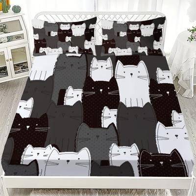 3pcs Cute Cats Fitted Sheet Sets Cartoon Black And White Cat Pattern 3D Print 100% Polyester Flat Sheet With 2 Pillowcases