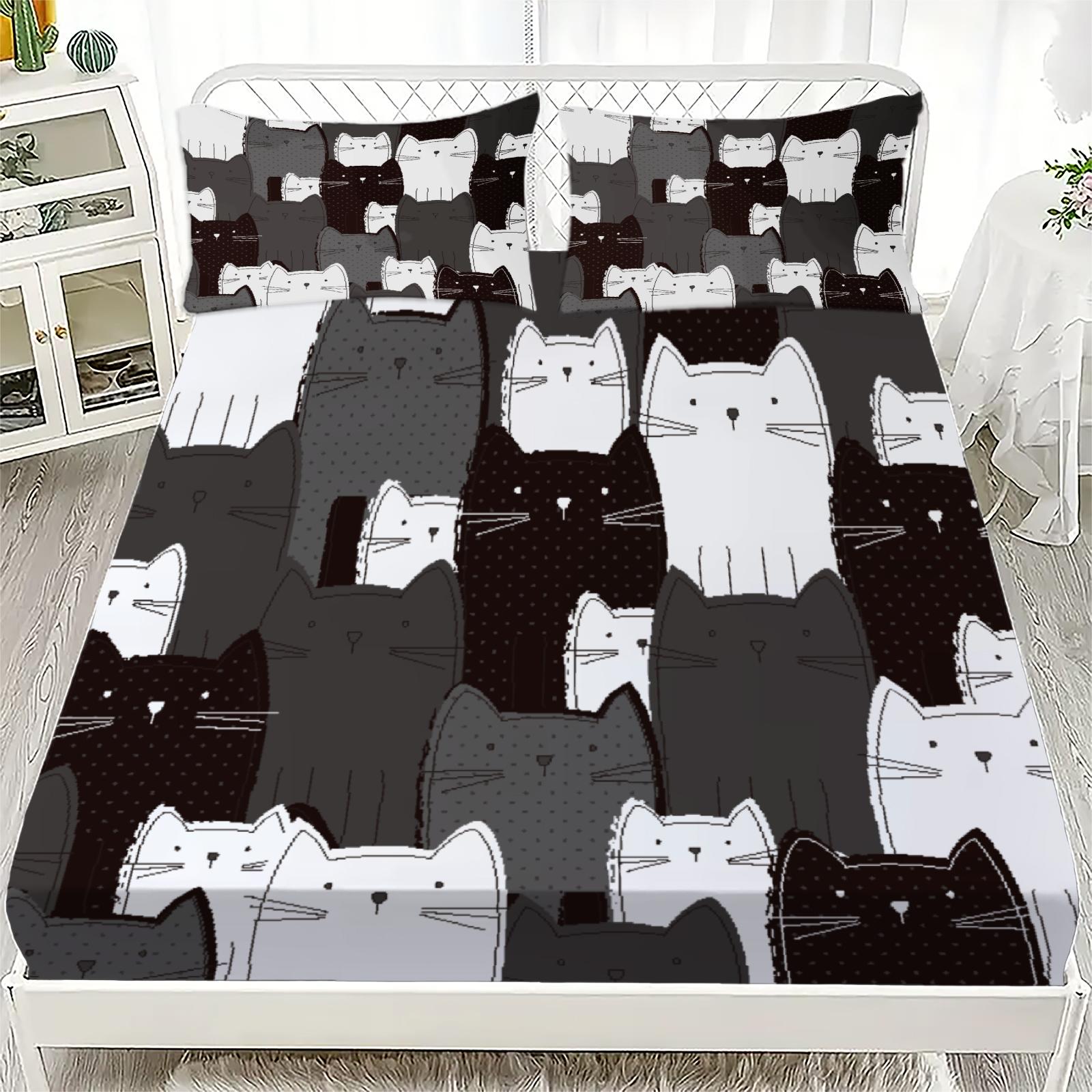 

3pcs Cute Cats Fitted Sheet Sets Cartoon Black And White Cat Pattern 3D Print 100% Polyester Flat Sheet With 2 Pillowcases 100x200x25cm
