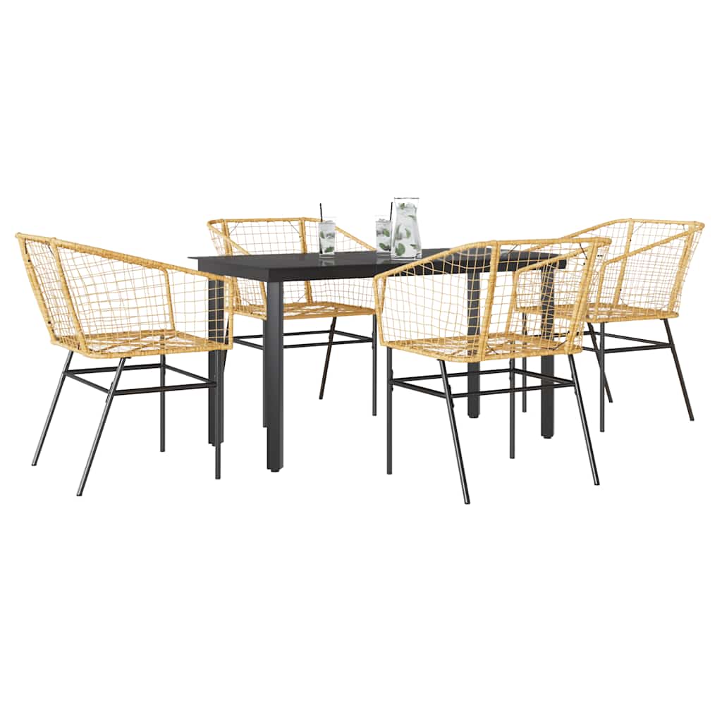 5 Piece Outdoor Dining Set Brown Poly Rattan Table with Glass Top