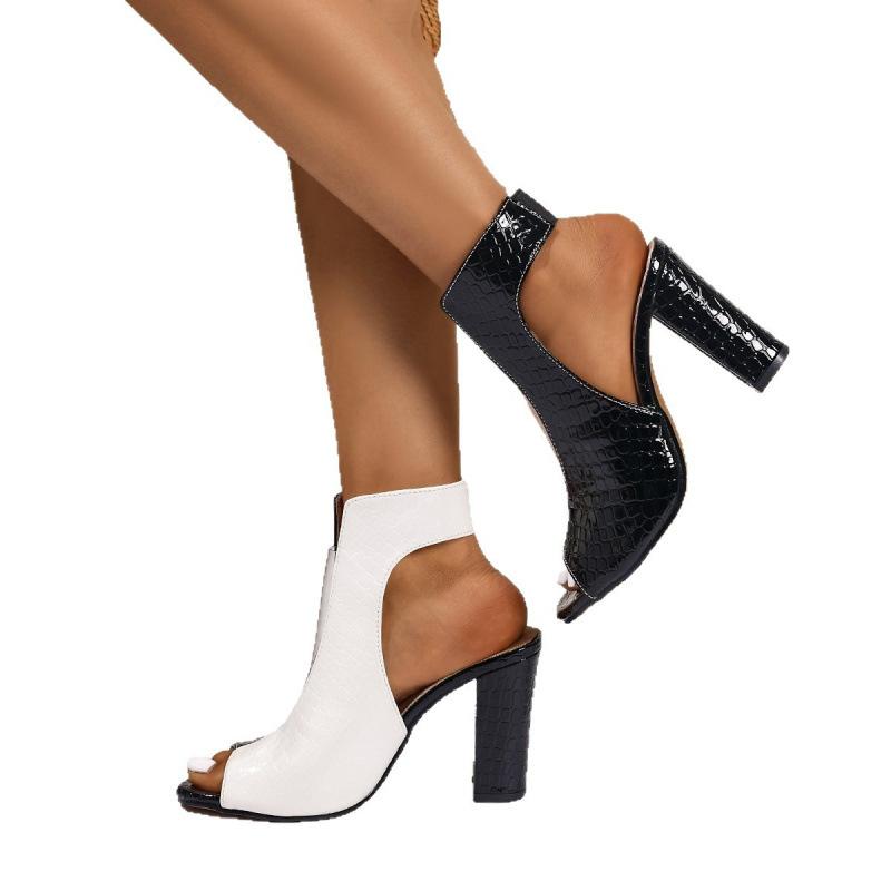 Summer new hollow sandals high heels thick heel sandals fish mouth Roman shoes large size