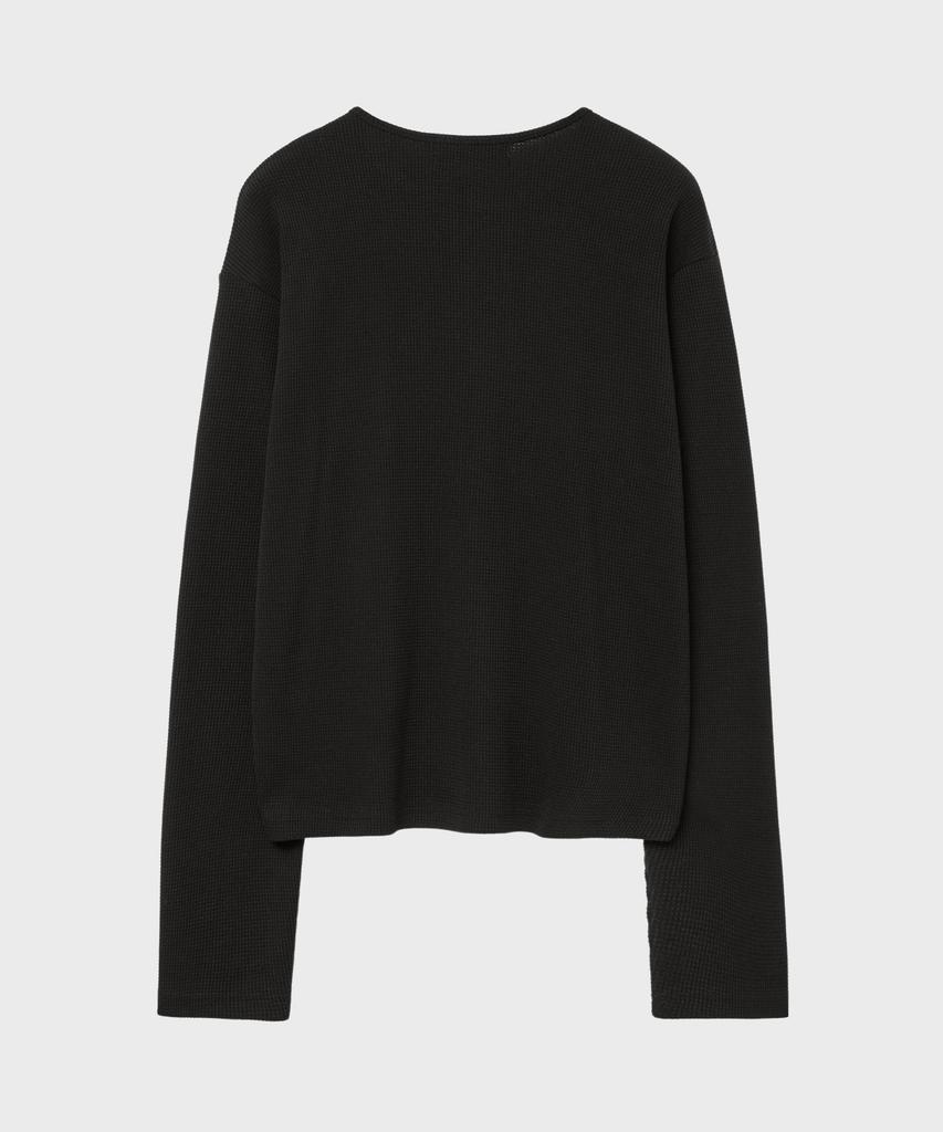 LEIRE Waffle Henley Neck Crop T-Shirt [Black]
