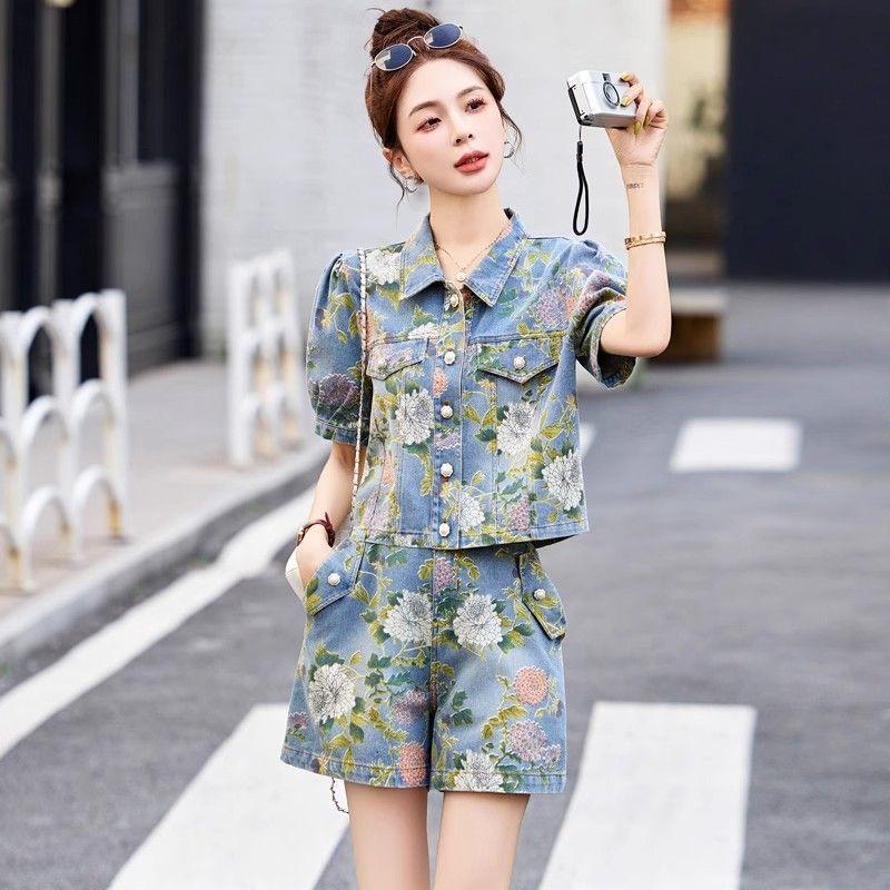 

Summer Vintage Print Denim Set Women High Quality Petite Youthful Shorts Two Piece Outfit XXL