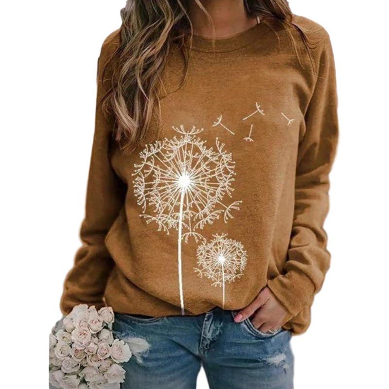 Herbst Frühling Damen Pullover T-Shirt Langarm Rundhals Oberteil Tee Löwenzahn Druck Basic Tunika Oberteil Lässige Blusen Sweatshirt