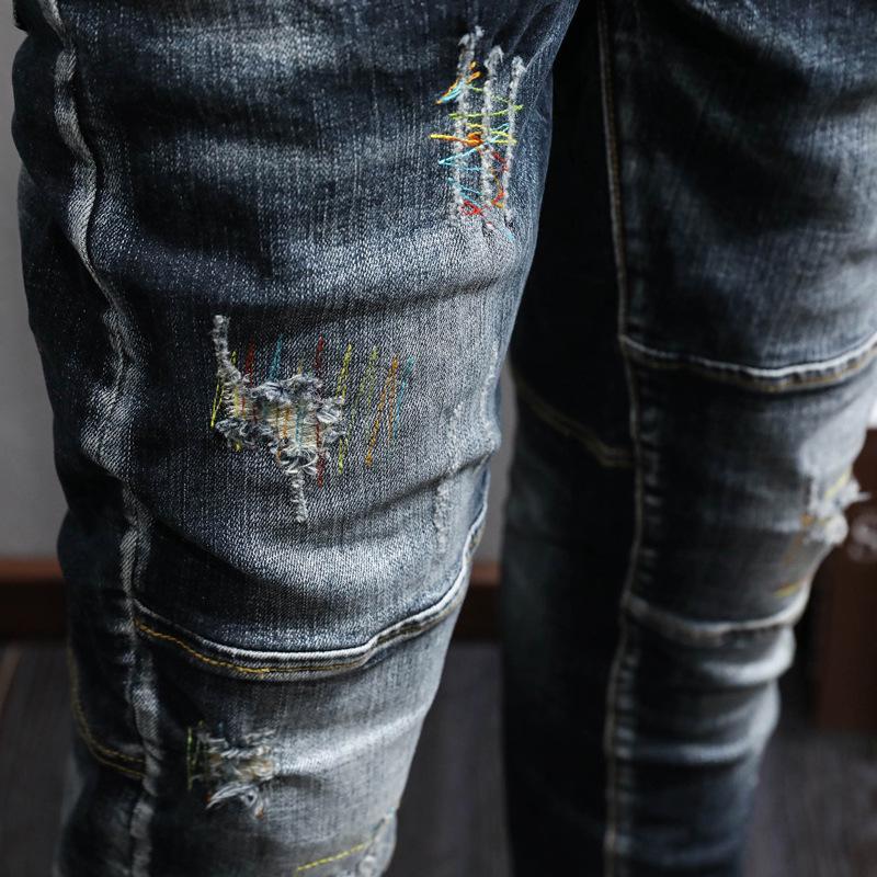 Men's Slim Fit Jeans - Vintage Washed Blue & Black with Embroidery, European & American Street Style