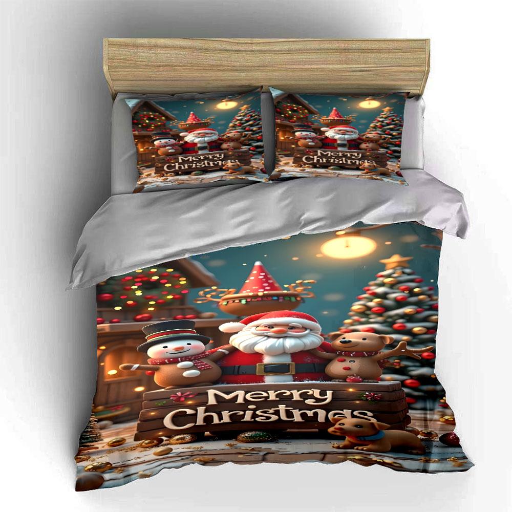 Christmas Santa Snowman Decor Bedding Duvet Cover Set Duvet Cover Pillowcases (1*Duvet Cover 2*Pillowcases, Without Duvet Insert)