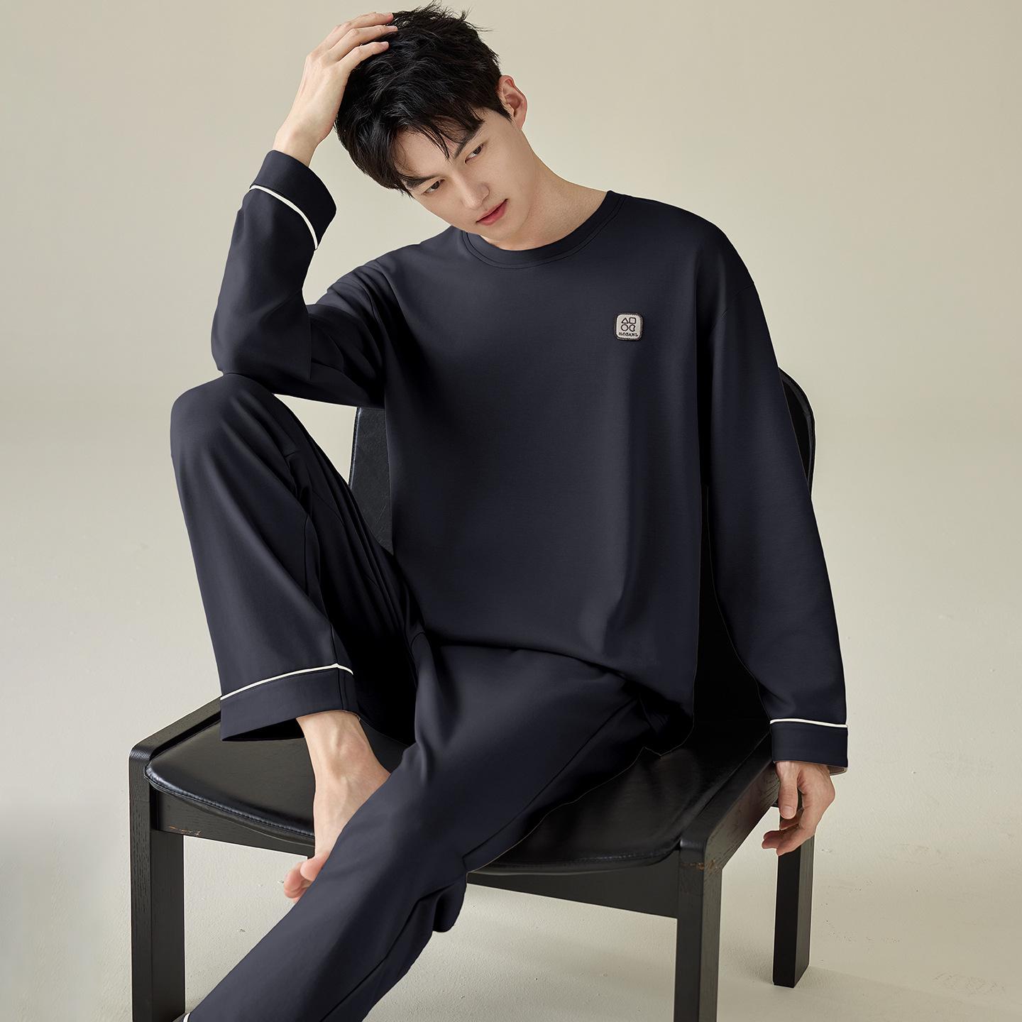 

2025 Мужской комплект хлопковой пижамы с длинным рукавом для подростков - Однотонный, Четыре сезона, Двухпредметный Size XL