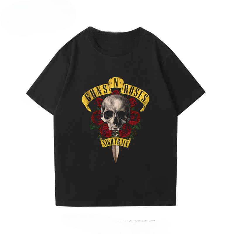 2024 New Fashion Gunsn Rose Men's and Women's Short Sleeve Vintage Rose Print Vintage High Street Loose Casual T-shirt