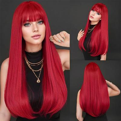 Syntetyczne Włosy Długie Czerwone Peruki dla Kobiet Jedwabiste Proste Peruki z Grzywką Wyprzedaż Okazjonalna Tanie Peruki Cosplay Drag Queen Peruki do Odgrywania Ról