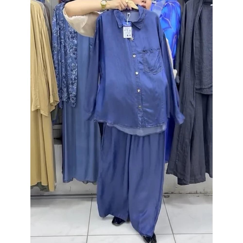 

Весенне-летний новый женский повседневный однотонный свободный джинсовый костюм-двойка 5XL темно-синий