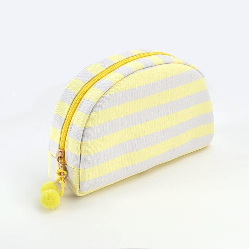 Personalized Embroidered Striped Pompon Cosmetic Bag Canvas Travel Toiletry Bag Shell Large-capacity Portable Outing