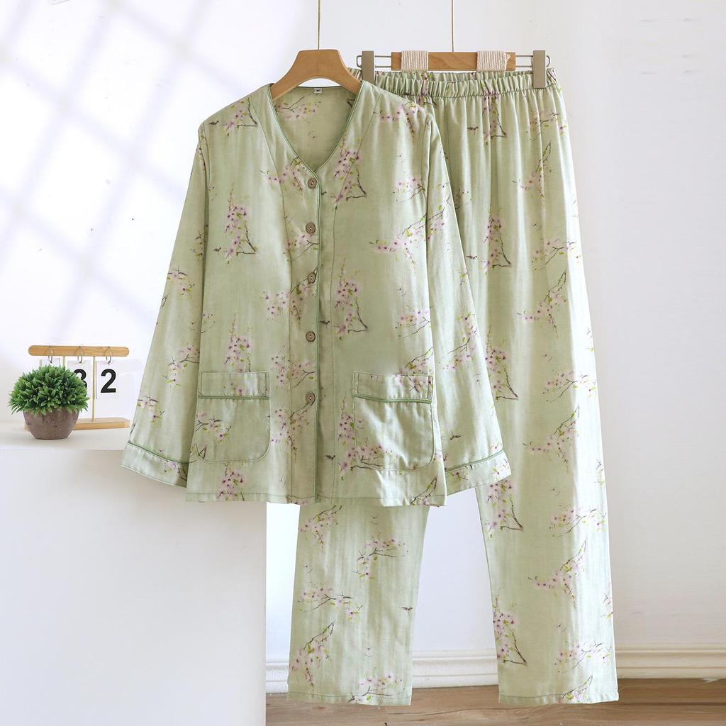 Women's Cotton Pajamas Set with Removable Chest Pads, Long-Sleeve and Pant, Casual Loose Fit for Autumn and Spring. Suitable for Home or Outdoor Wear.