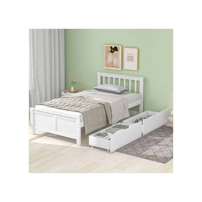 Lit En Bois - MUVOE - 90x200 Cm - Blanc - Avec Tiroirs De Rangement - Style Classique