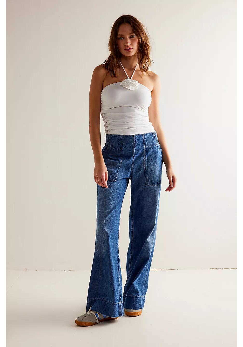 

Trendy Low-Waist Loose Fit Slimming Denim Pants for Women Medium синий