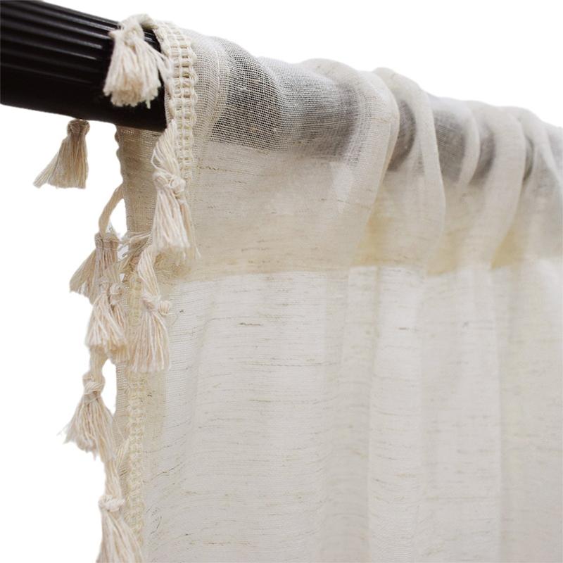 Tassel Sheer Curtains Living Room Vintage Cream Voile Net Slot Top Window Drapes