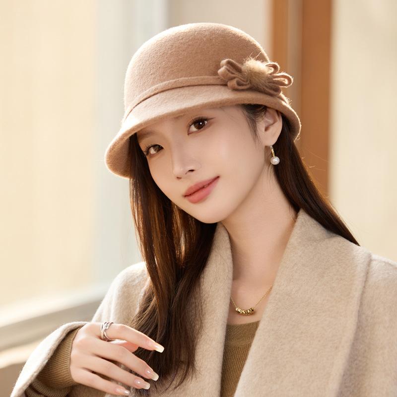 New Hat Women's Elegant Retro Basin Hat Wool Woolen Mother Hat Classic Bow Thermal Hat