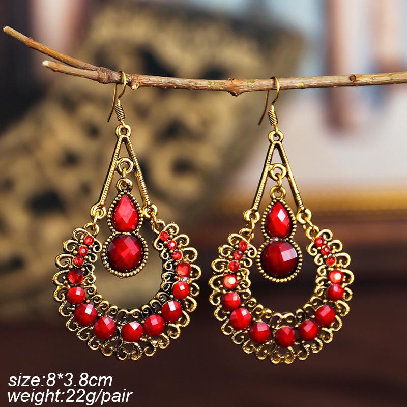Ethnic Vintage Red Temperament Long Dangle Earrings for Women Flower Peacock and Water Drop Design Wedding Party Jewelry