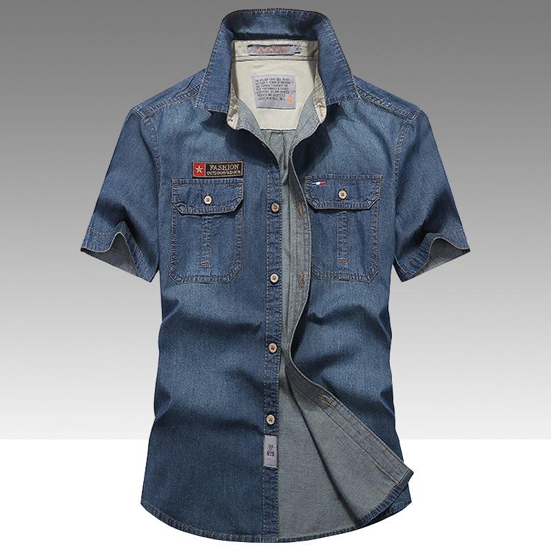 Summer Men's Short Sleeved Denim Shirt Loose Casual Denim Shirt