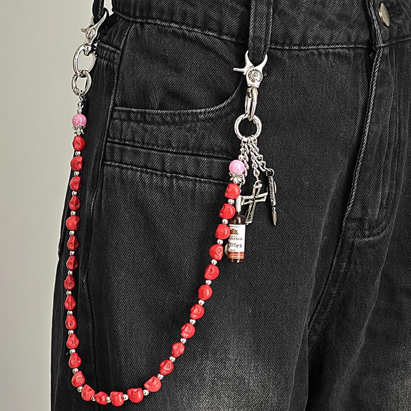 Vintage Red Skull Cross Trouser Chain Punk Street Jeans Accessories Men'S And Women'S Y2K Wine Bottle Tide Hip Hop Waist Chain