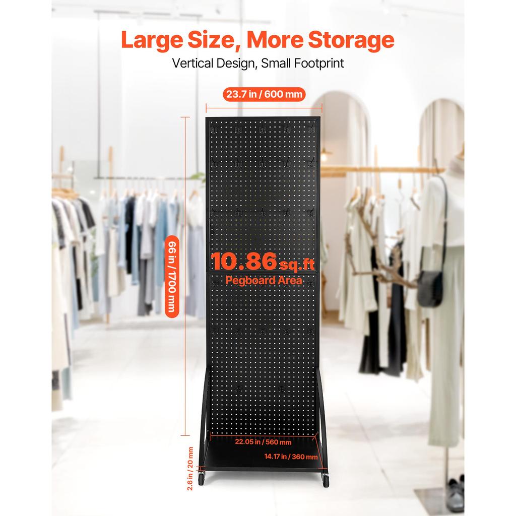 SucceBuy Standing Pegboard Display with Casters & 30 Hooks Thickened Steel Peg Board Panel for Retail Store Jewelry Shop