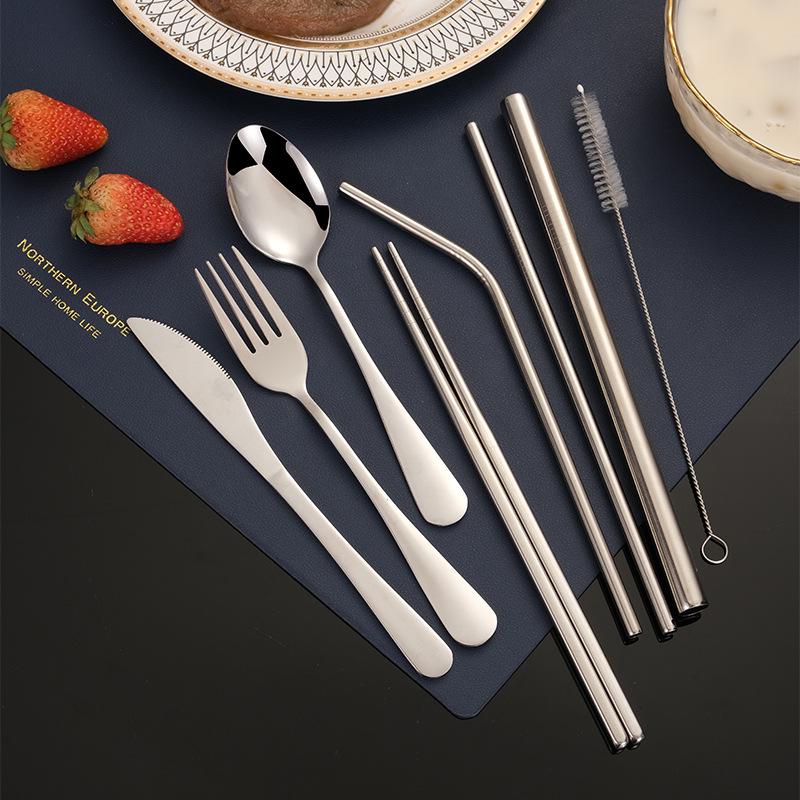 Portable 7-Piece Stainless Steel Cutlery Set with Knife, Fork, Spoon, Chopsticks, and Straw