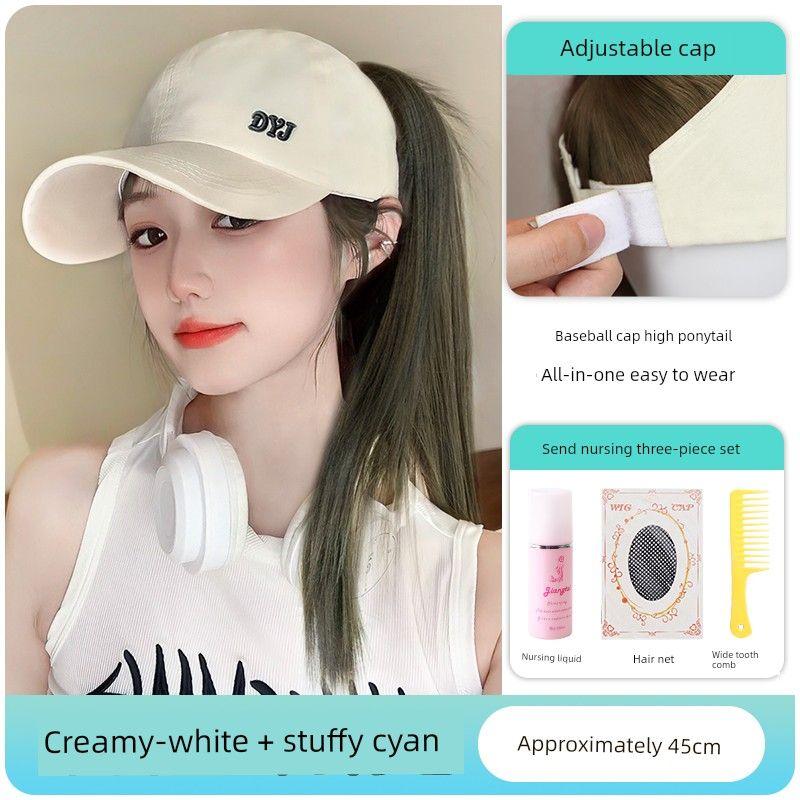 

Hat Wig One-Piece Women s High Ponytail Sun Protection Visor Cap Breathable Summer Face-Looking Small Big Head Circumference Peaked Cap Baseball cap [stuffy cyan] send nursing Suit