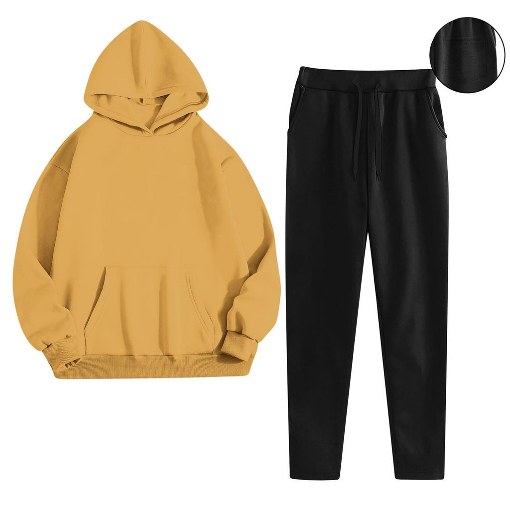Women's Fashionable Relaxed-Fit Hooded Sweatshirt With Pockets And Fleece-Lined Trousers Set