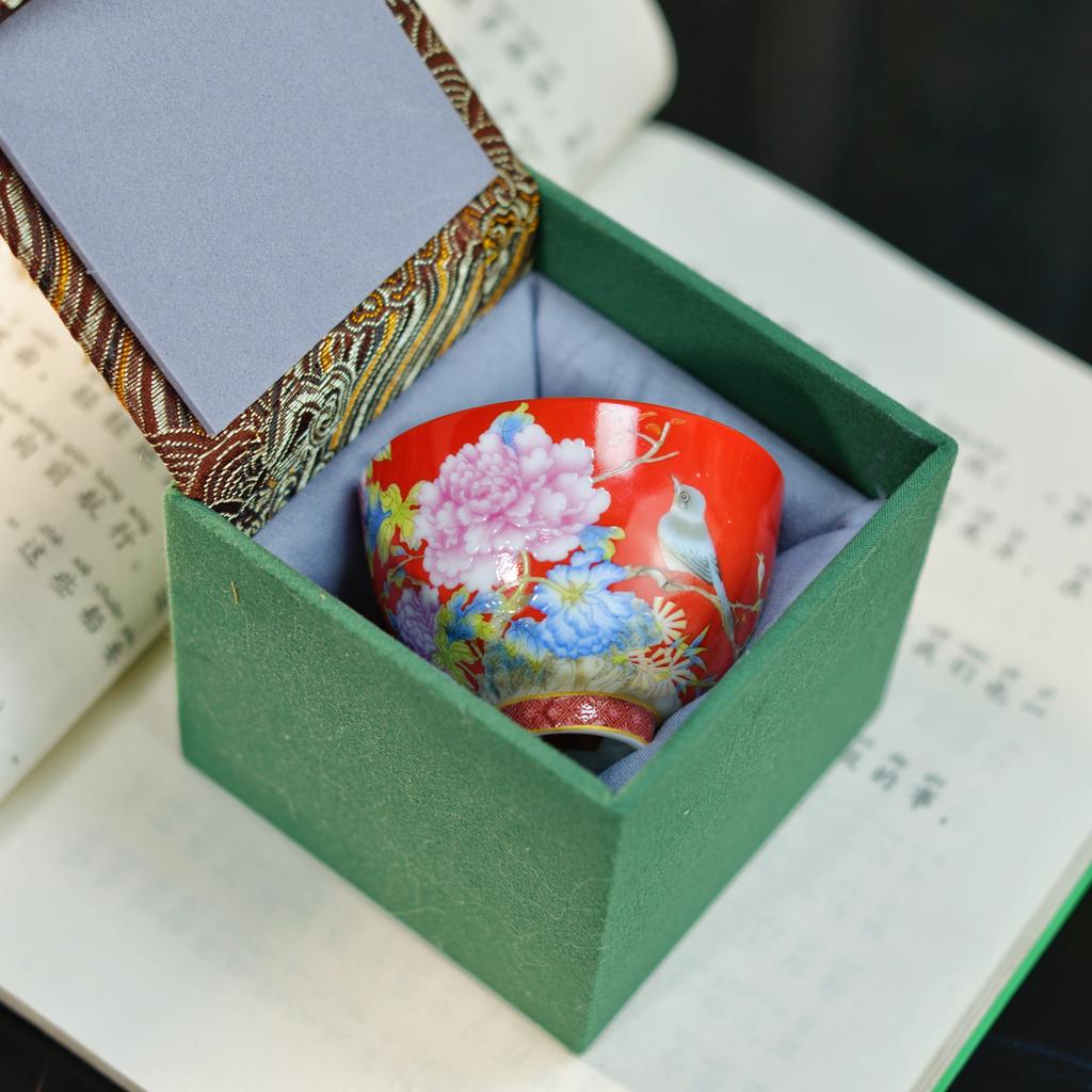 Enamel Color Ceramic Tea Cup Gongfu Tea Set Home Use Drinking Cup Style Peony Handmade Craft High Temperature Glaze