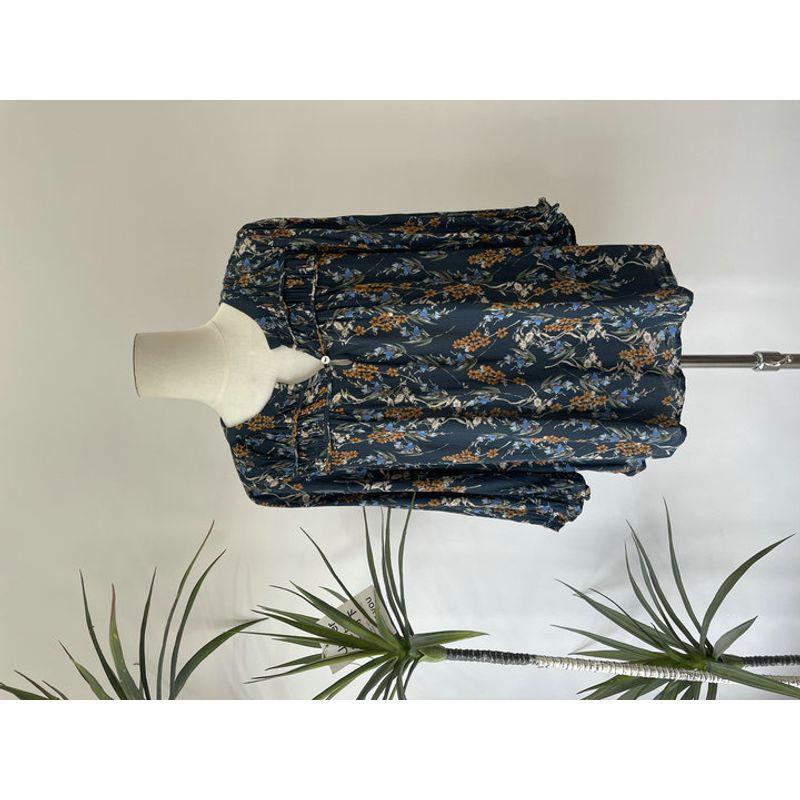 

2025 Summer New Arrival Plant Florals Detail Control Texture Dark Blue V-neck Long Sleeve Shirt Loose Tops Figure color S