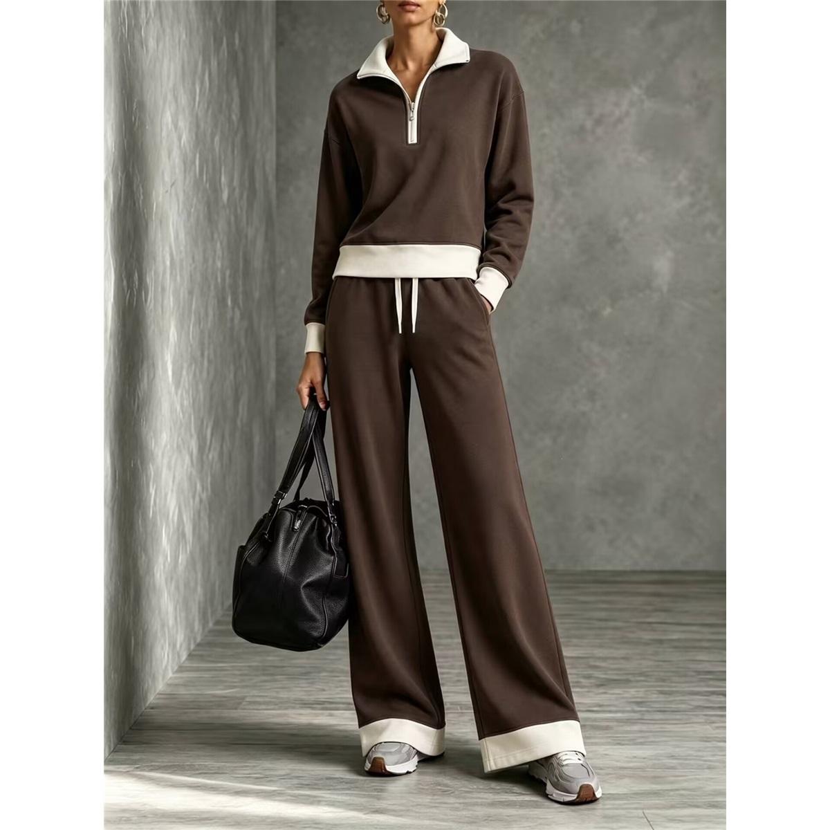 Dames 2-delige Trainingspak Halve Rits Kleurcontrasterende Kraag Sweatshirt Trekkoord Wijde Pijpen Broek Casual Loungewear Set XL donkerbruine kleur
