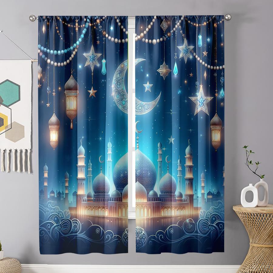 2 ks Očarující mešita a lucerna noční závěsy   Ideální pro dekoraci oken na Ramadan/Eid   Elegantní dekorace obývacího pokoje/ložnice