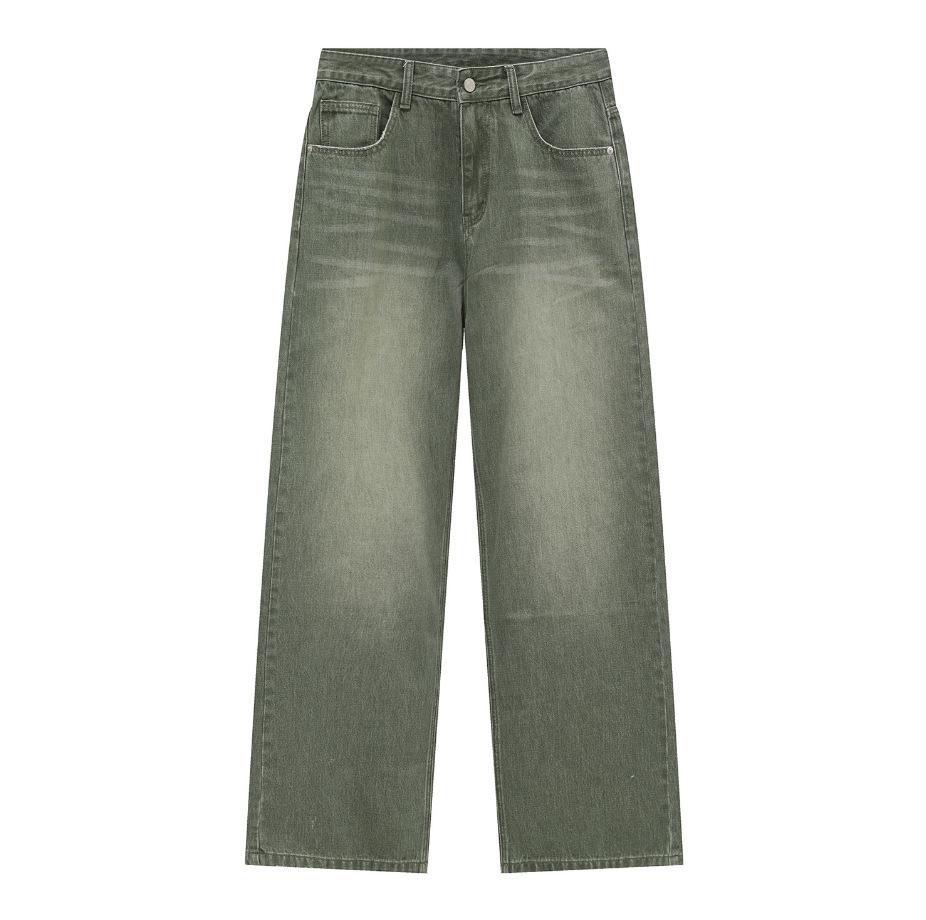 Korean Style Denim Pants Men Retro Washed Green Jeans Men High Quality Mid-waist Wide Leg Pants Men Denim Trousers S