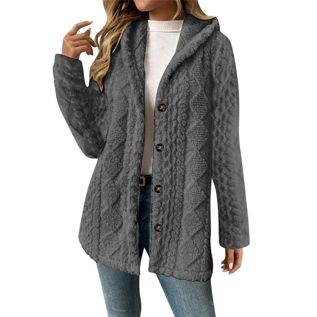 Women's Fashionable Solid Color Long Sleeved Loose Hooded Button Down Plush Jacket