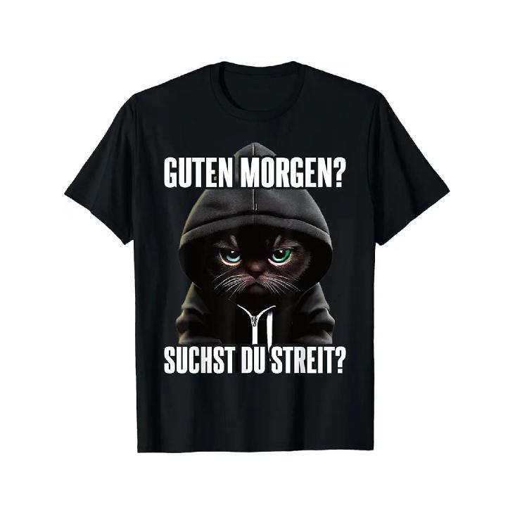 Men'S Casual Short Sleeve T-Shirt with German Guten Morgen Text & Angry Cat Graphic | Black Regular Fit Tee, Heat Transfer Print, All-Season Comfort,