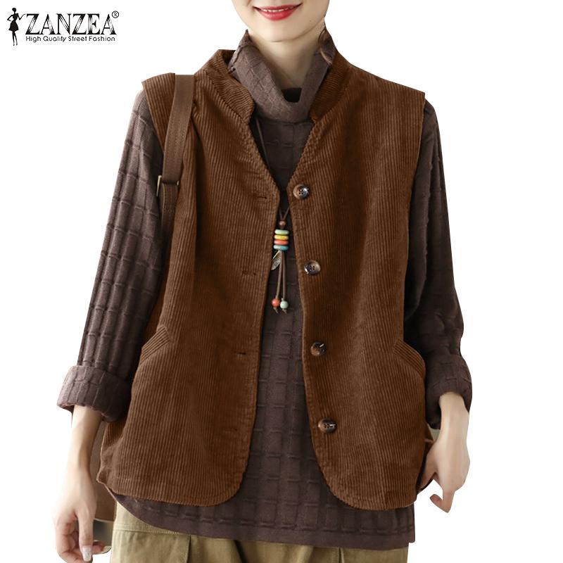 

ZANZEA Женский повседневный кардиган без рукавов с круглым вырезом, вельветовый жилет