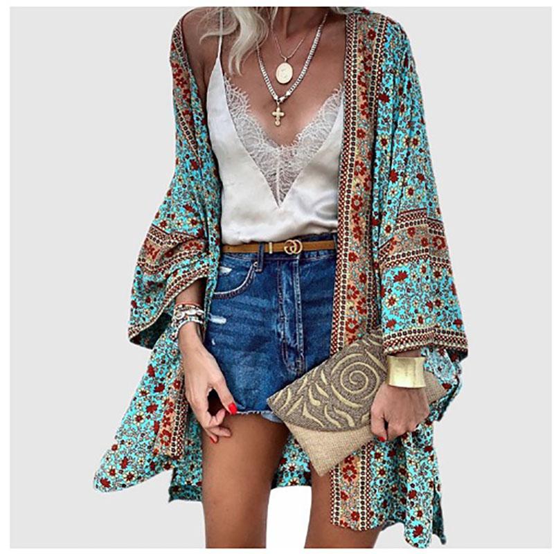 Summer Bohemian Casual Cloak Cardigan for Swimsuit Woman Beach Swimwear Tops Long Sleeved Shawl Chiffon Shirt